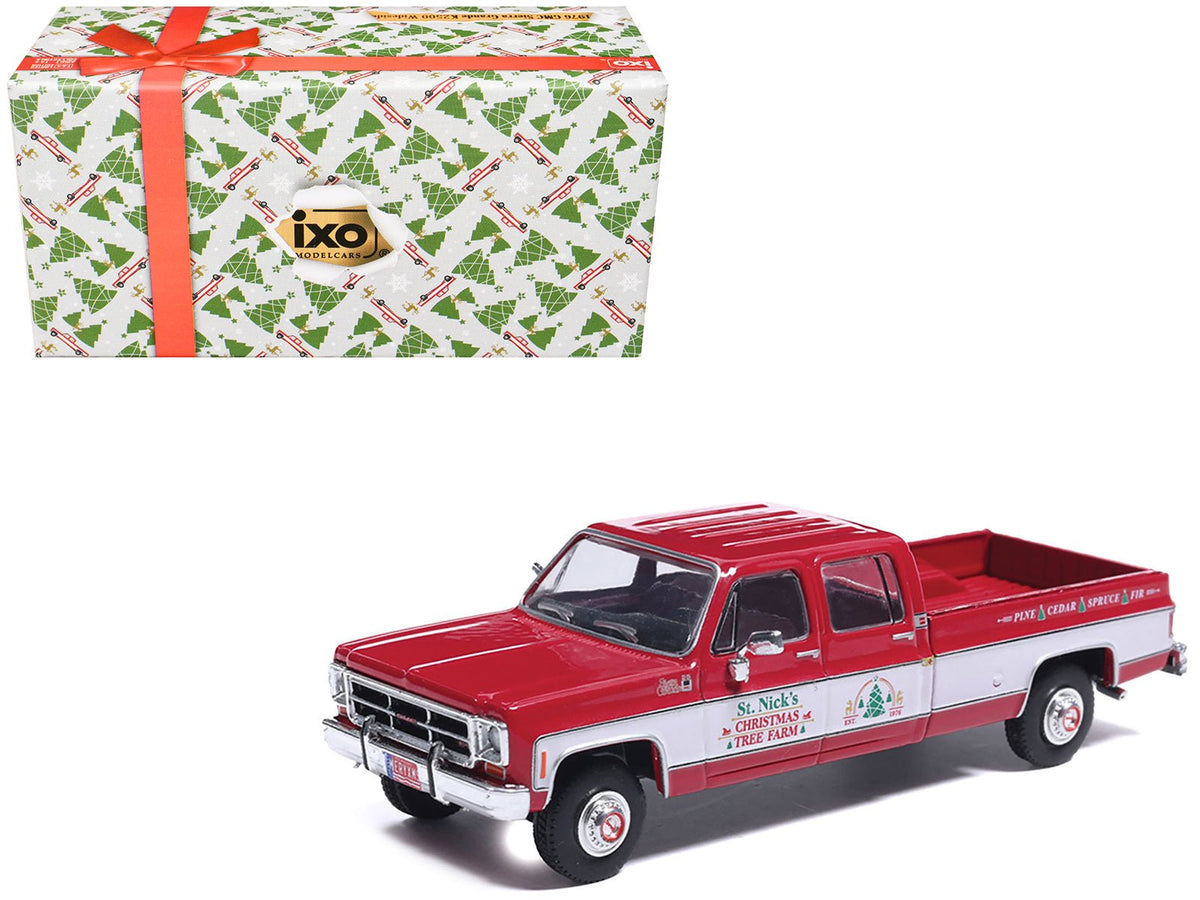 1976 GMC Sierra Grande K2500 Wideside Pickup Truck "St. Nick's Christmas Tree Farm" Red with White Sides "Christmas Limited Edition" 1/64 Diecast Model Car by IXO Models free shipping USA