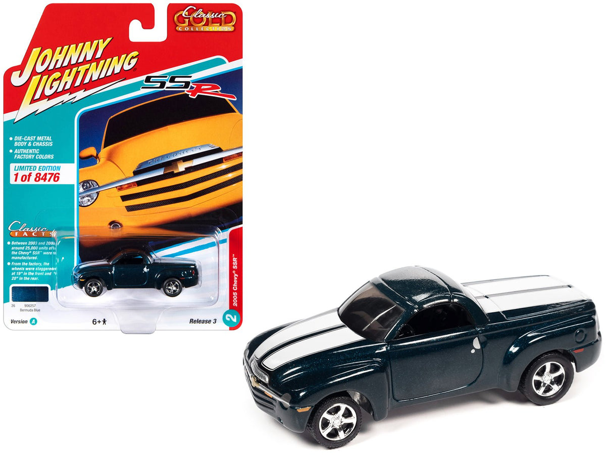 2005 Chevrolet SSR Pickup Truck Bermuda Blue Metallic with White Stripes "Classic Gold Collection" Series Limited Edition to 8476 pieces Worldwide 1/64 Diecast Model Car by Johnny Lightning free shipping USA