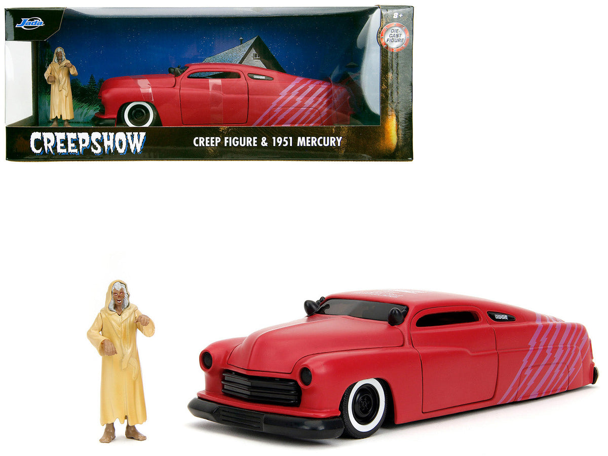 1951 Mercury Matt Red with Purple Stripes and Creep Diecast Figure "Creepshow" (1982) Movie "Hollywood Rides" Series 1/24 Diecast Model Car by Jada free shipping USA