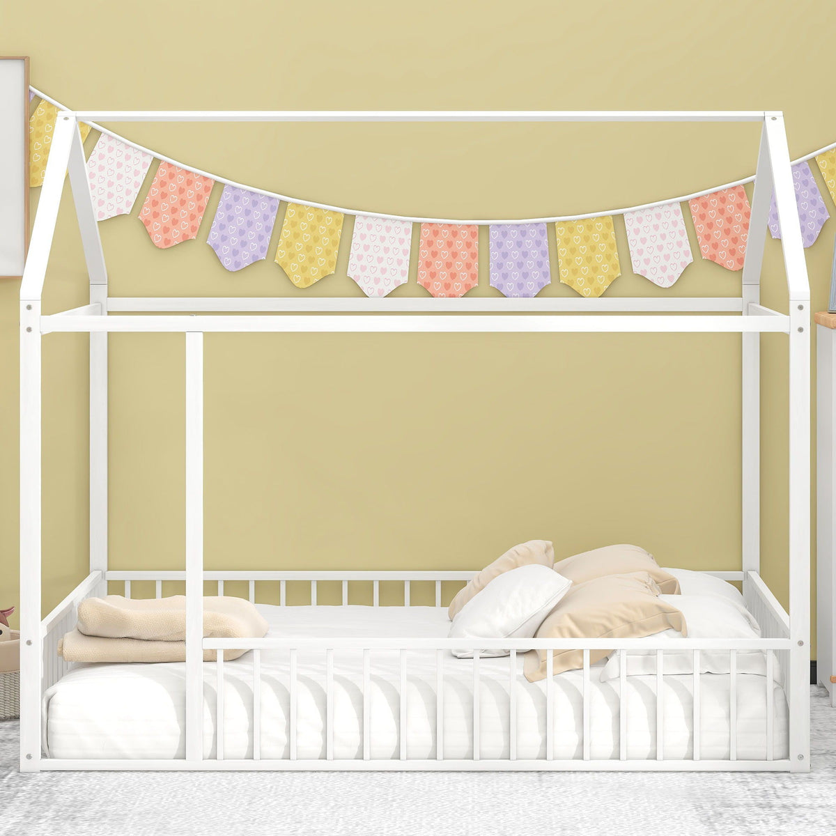 Metal Bed House Bed Frame With Fence