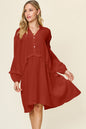 Textured Half-Button Ruffle Trim Dress
