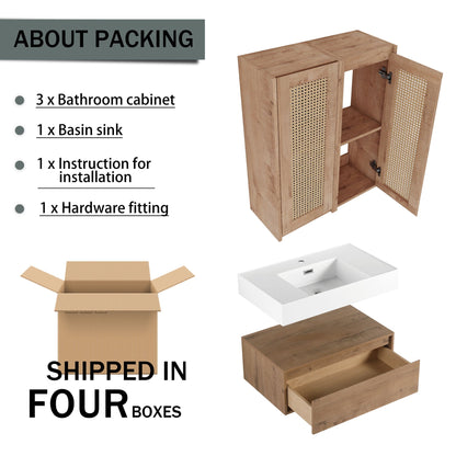 Modern Imitative Wall Mounted Bathroom Vanity With Resin Sink & 2 Side Cabinet, Soft Close Drawer - Imitative Oak