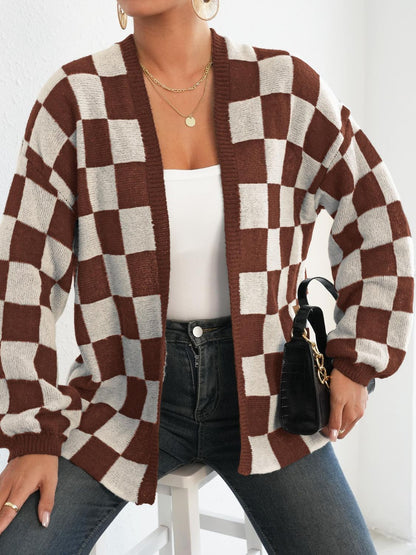 Black and White Checkered Cardigan - Checkered Open Front Long Sleeve Cardigan