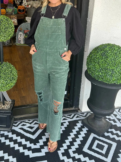 Distressed Wide Leg Corduroy Overalls