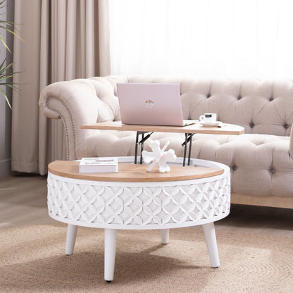 Round Coffee Table With Storage - White / Light Oak