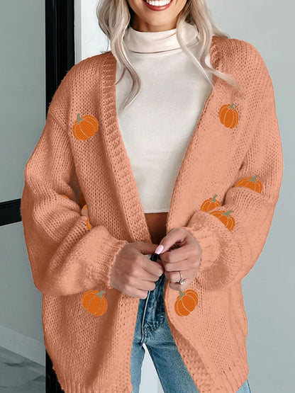 Pumpkin Tree Print Open Front Drop Shoulder Midi Cardigan