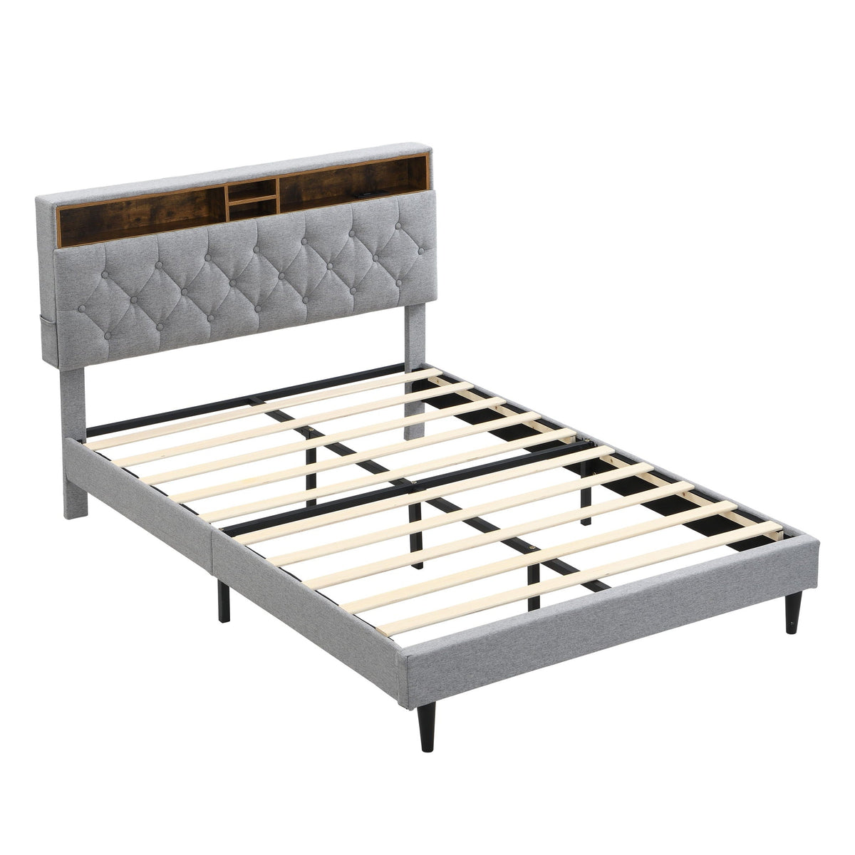Modern Upholstered Platform Bed Frame With Button Tufted Headboard And USB Ports