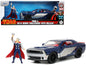 2015 Dodge Challenger SRT Hellcat Dark Blue with Graphics and Red Interior and Thor Diecast Figure "The Mighty Thor" "Marvel" Series 1/24 Diecast Model Car by Jada  free shipping USA