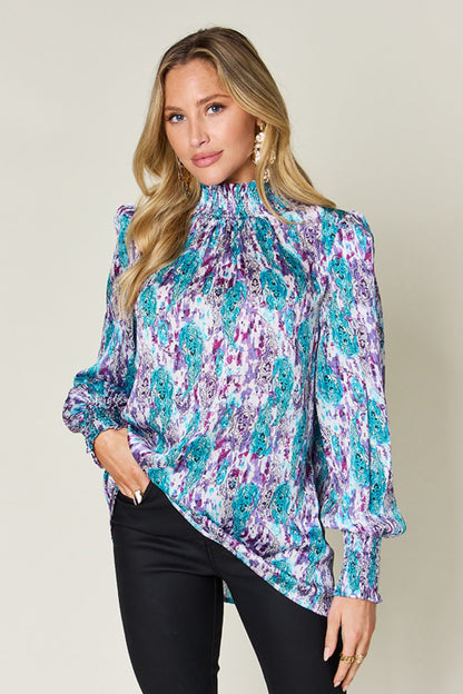 Semi-Sheer Smocked Top with Long Sleeves & Frills