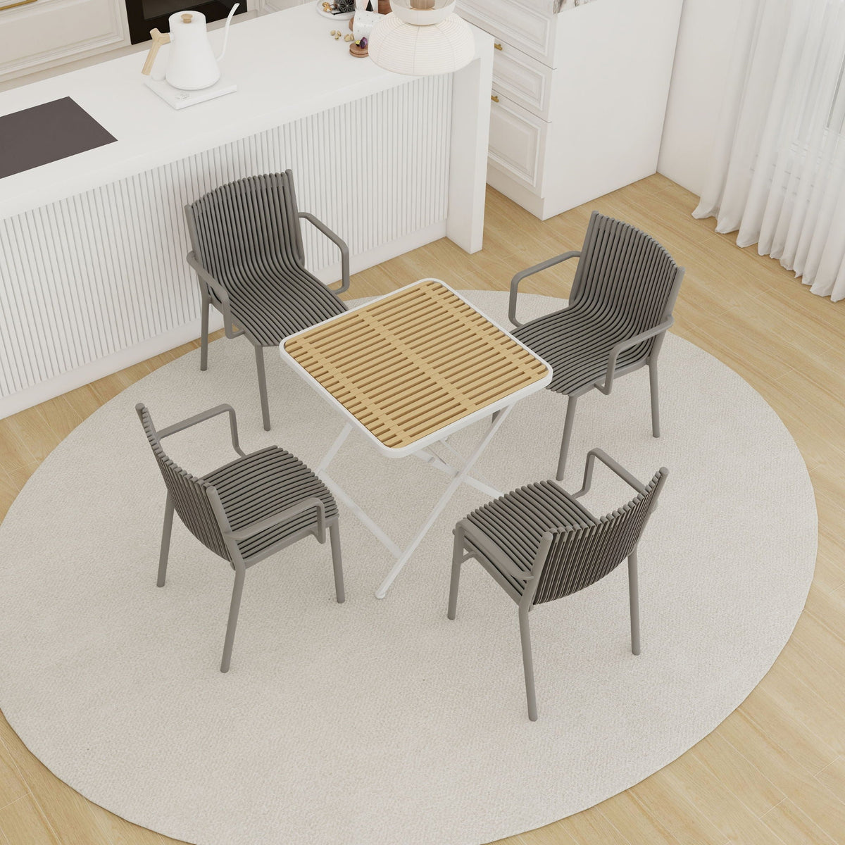 4 Modern Stackable Plastic Armchair Matched With Folding Square Table