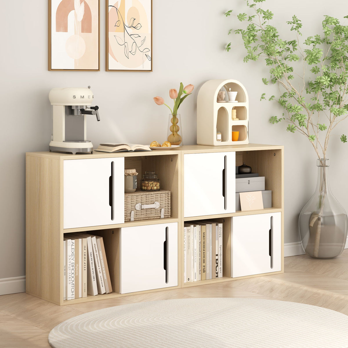 Storage Cabinet With Sliding Doors, 2 Tier Open And Closed Shelves Organizer - Natural / White