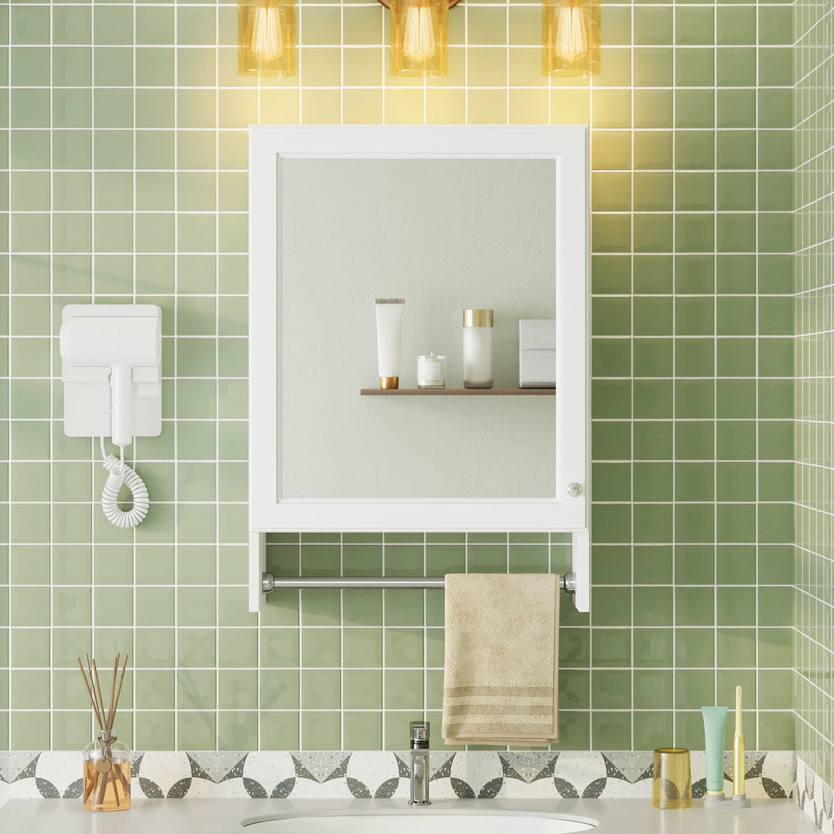 3 In 1 Wall Mounted Bathroom Mirror Cabinet With Adjustable Shelf, Soft Close Door, Mirror & Towel Bar - White