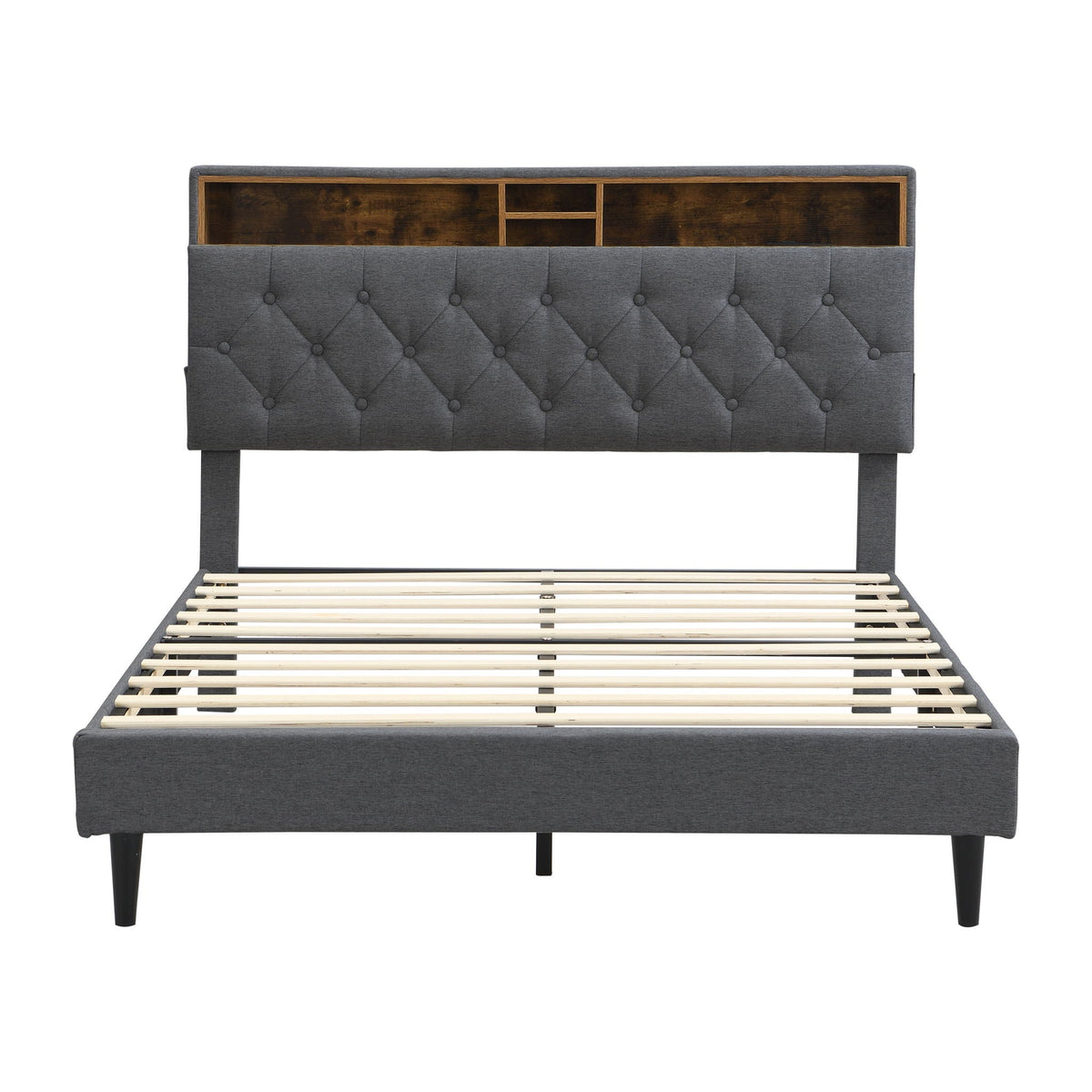 Modern Upholstered Platform Bed Frame With Button Tufted Headboard And USB Ports
