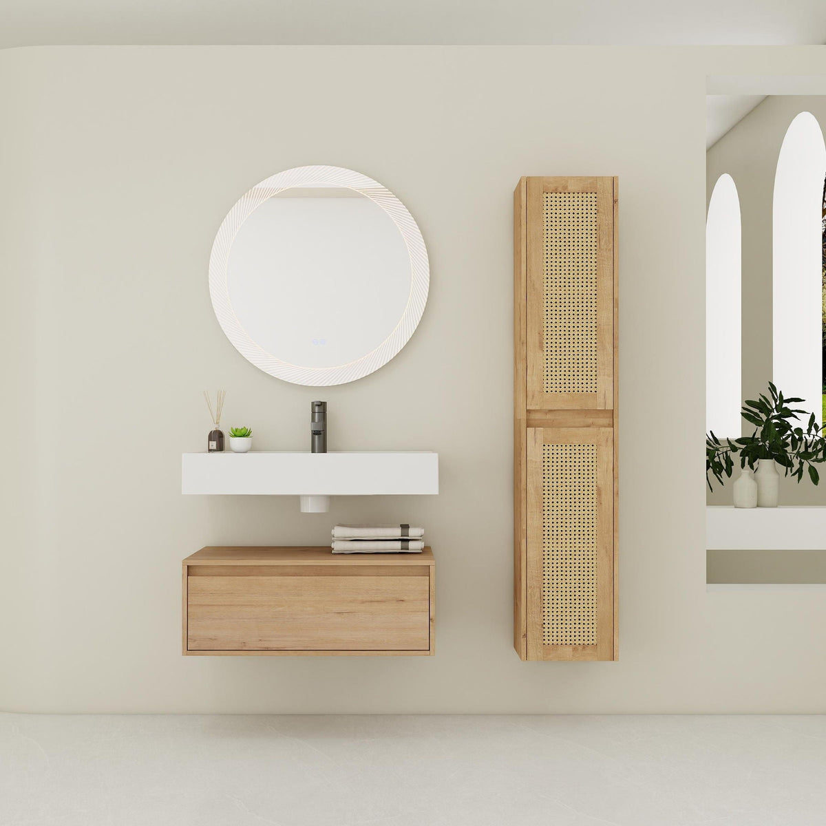 Modern Imitative Wall Mounted Bathroom Vanity With Resin Sink & 2 Side Cabinet, Soft Close Drawer - Imitative Oak
