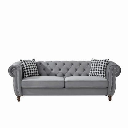 Chesterfield Upholstery Fabric Sofa With Roll Armrest & Nailhead