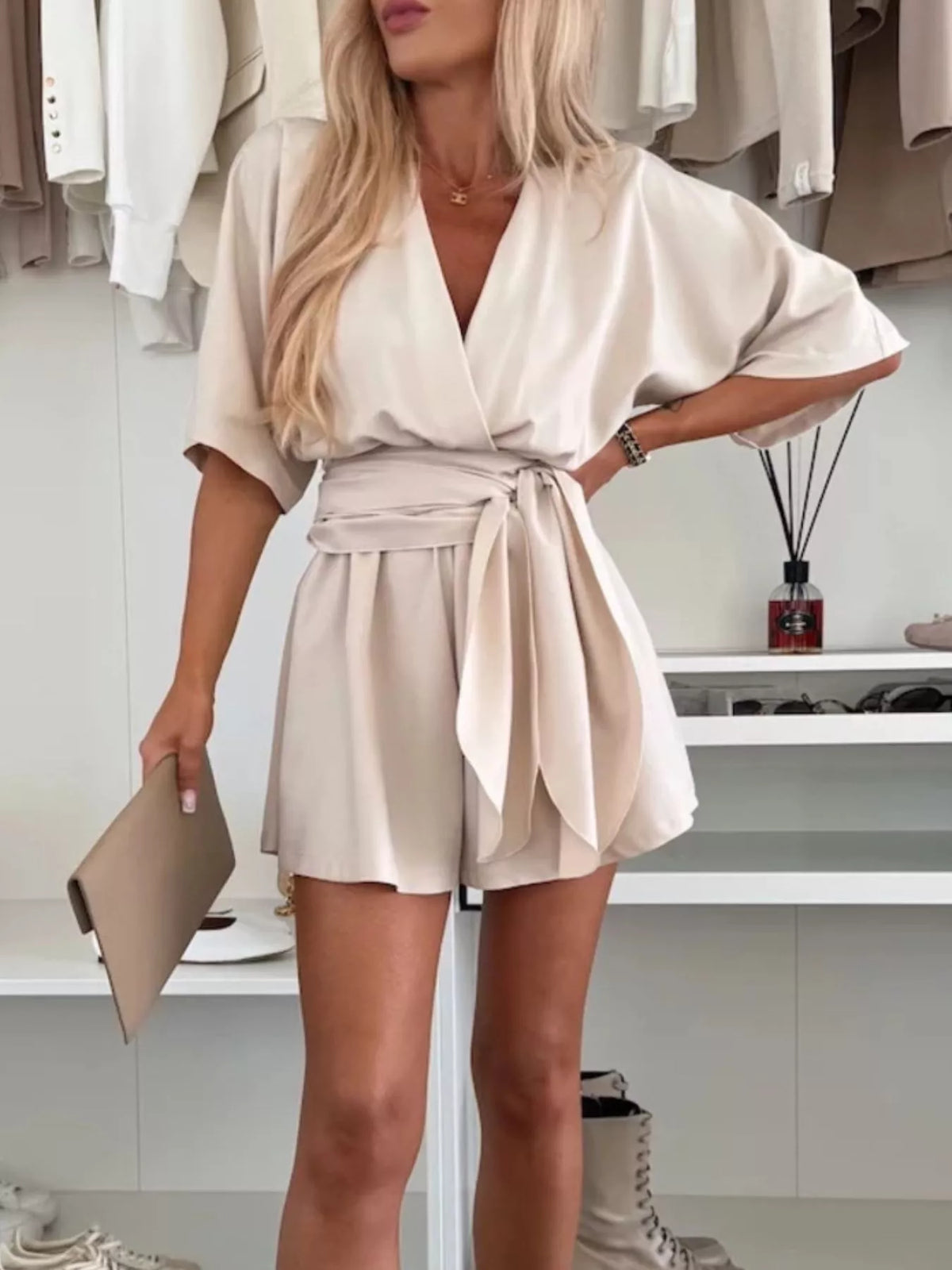 Full Size Surplice Tie Waist Romper Plus Size
