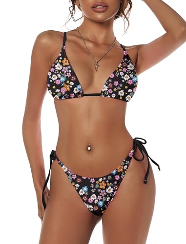Bright Swimwear - Women's Triangle Bikini Floral String Bikini Set Two Piece Swimsuit Bathing Suits