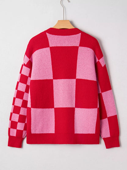 Checkerboard Knit Button-Down Cardigan