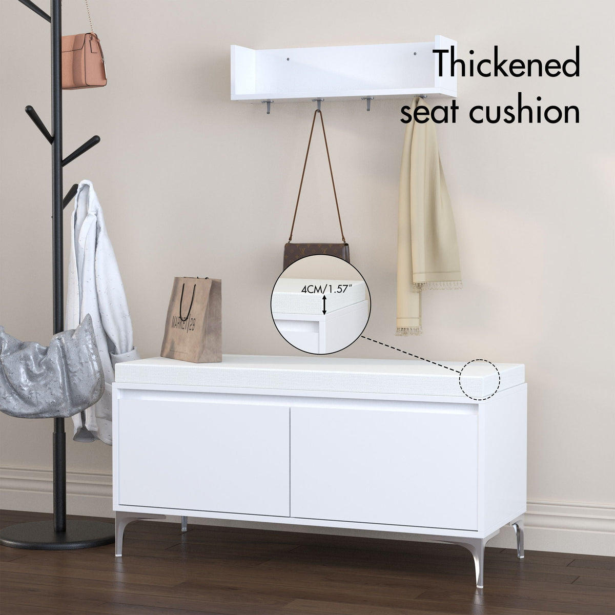 Wall Mounted Entryway Shelf With Hooks And Storage Bench Set - Off White