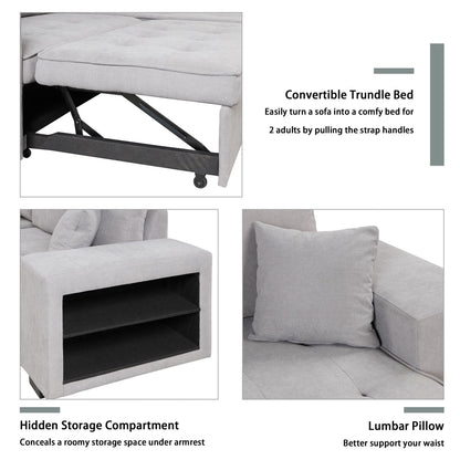 Modern L-Shape 3 Seat Reversible Sectional Couch, Pull Out Sleeper Sofa With Storage Chaise And 2 Stools For Living Room Furniture Set