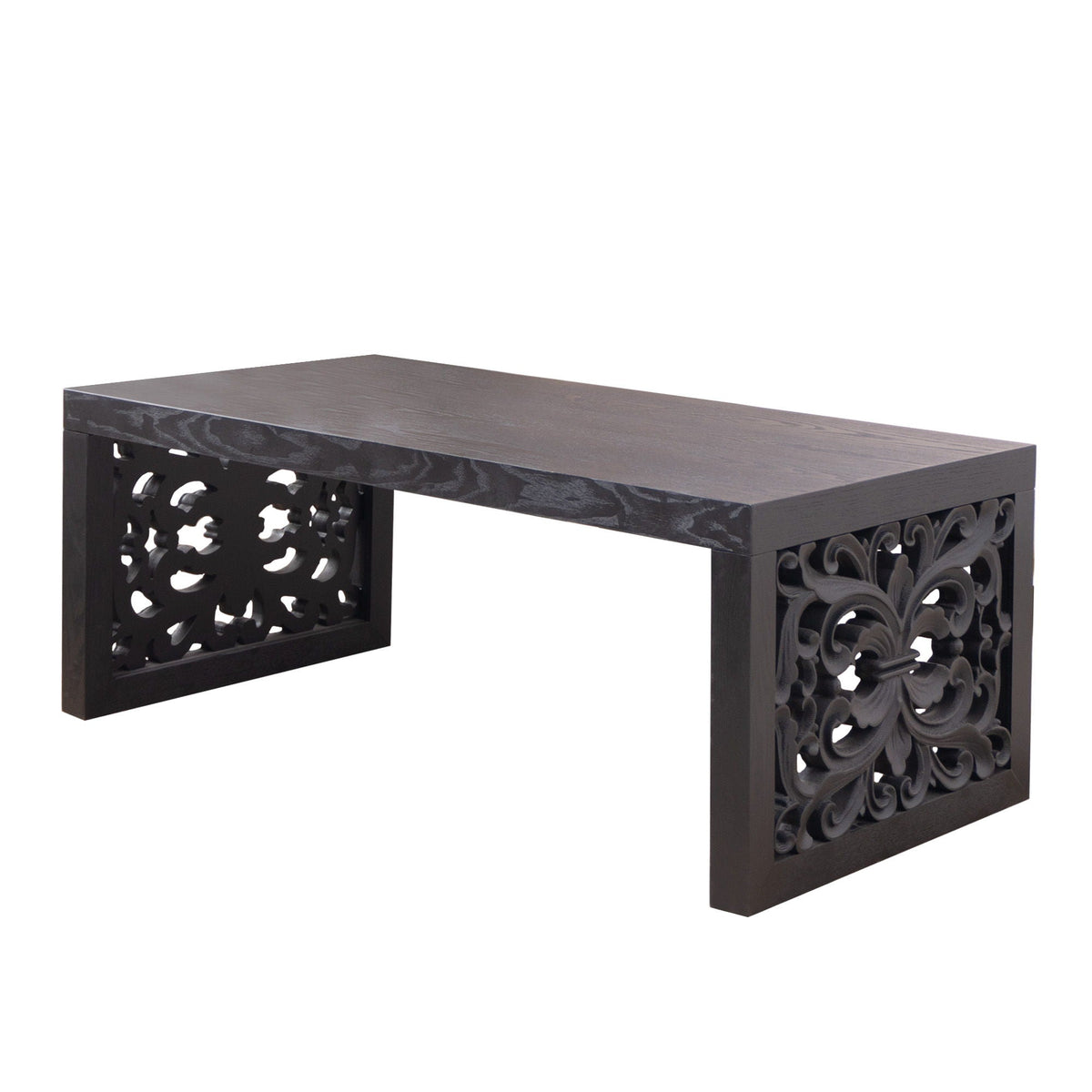 Rustic Carved Wood Coffee Table, Handcrafted Look With Ornate Side Panels