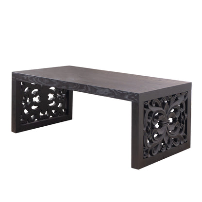 Rustic Carved Wood Coffee Table, Handcrafted Look With Ornate Side Panels