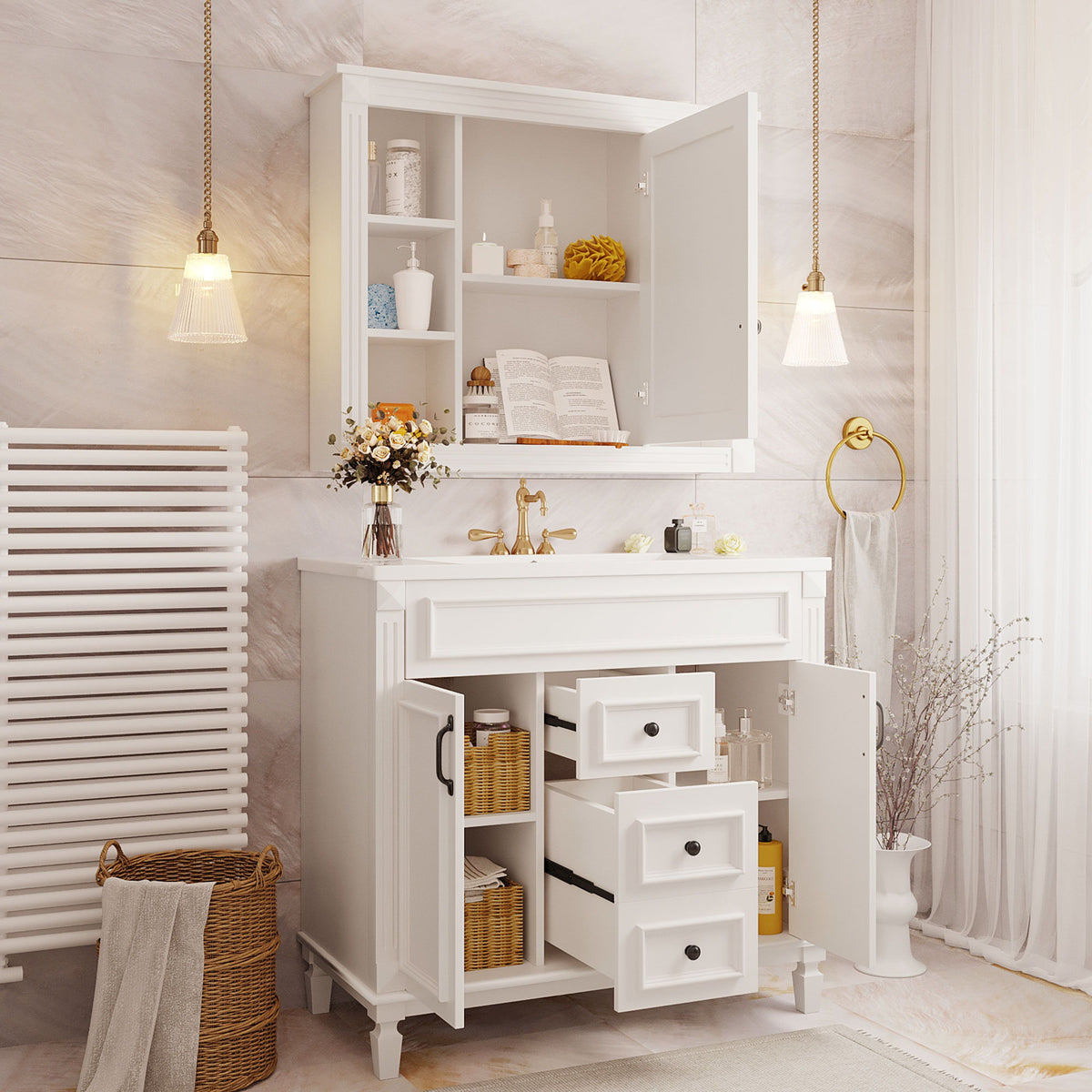Bathroom Vanity With Top Sink, Mirror Cabinet, 2 Soft Closing Doors & 2 Drawers