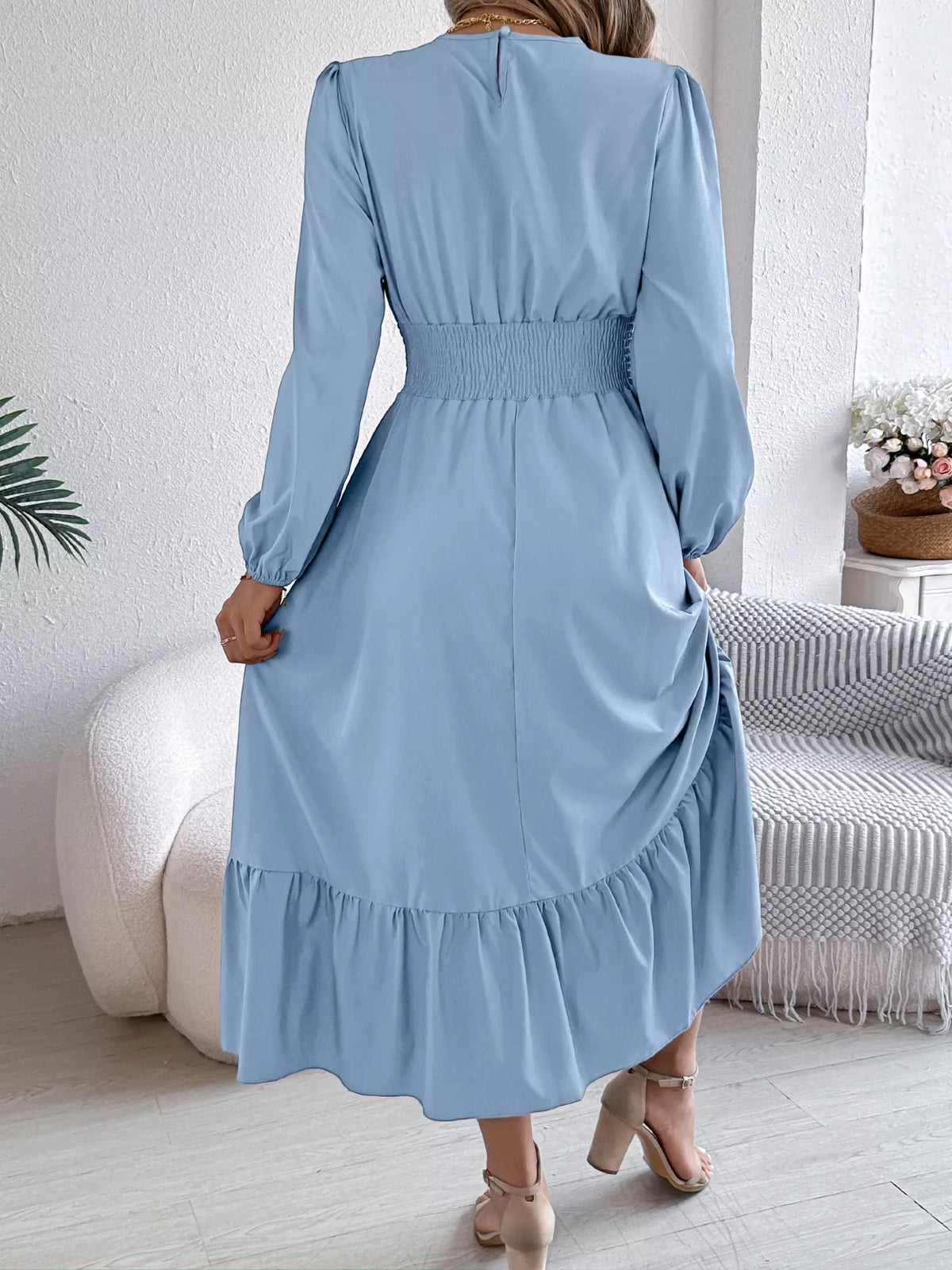 Round Neck Balloon Sleeve Tiered Dress
