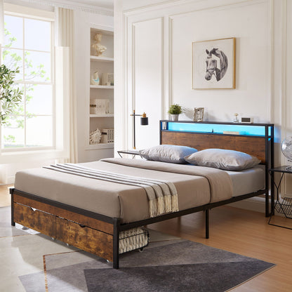 Modern Metal Platform Bed Frame With Wooden Headboard And Footboard, USB Charging Station, LED Lights, 2 Drawers