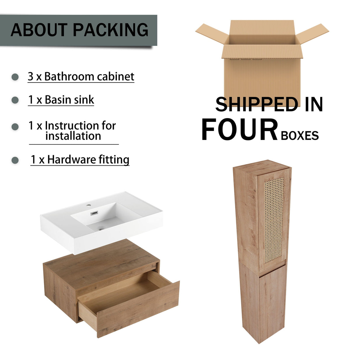 Contemporary Wall Mounted Bathroom Vanity With Resin Sink And 2 Side Cabinet - Imitative Oak