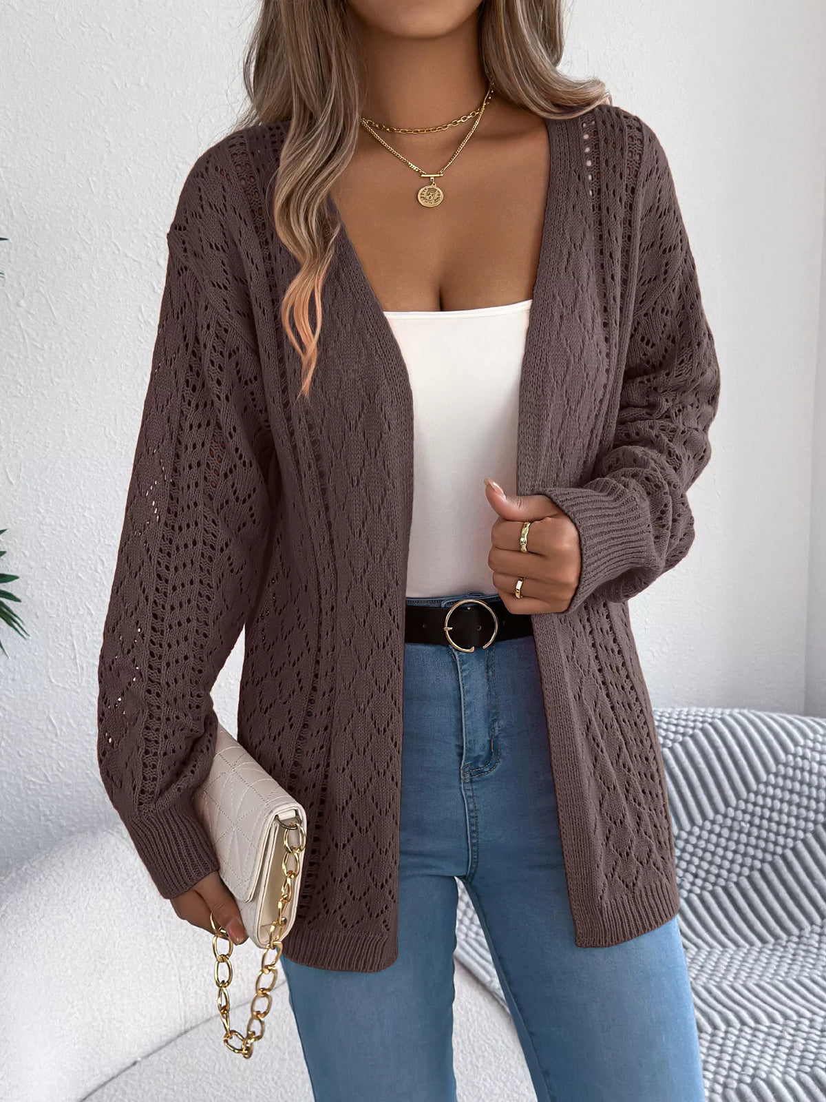 Openwork Open-Front Long Sleeve Cardigan