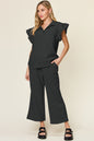 Textured Ruffle Top & Drawstring Wide Leg Pants Set