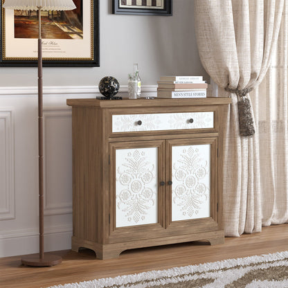 Accent Cabinet With Carved Floral Panels, Sideboard With Drawer And Double Doors - Antique Brown / White