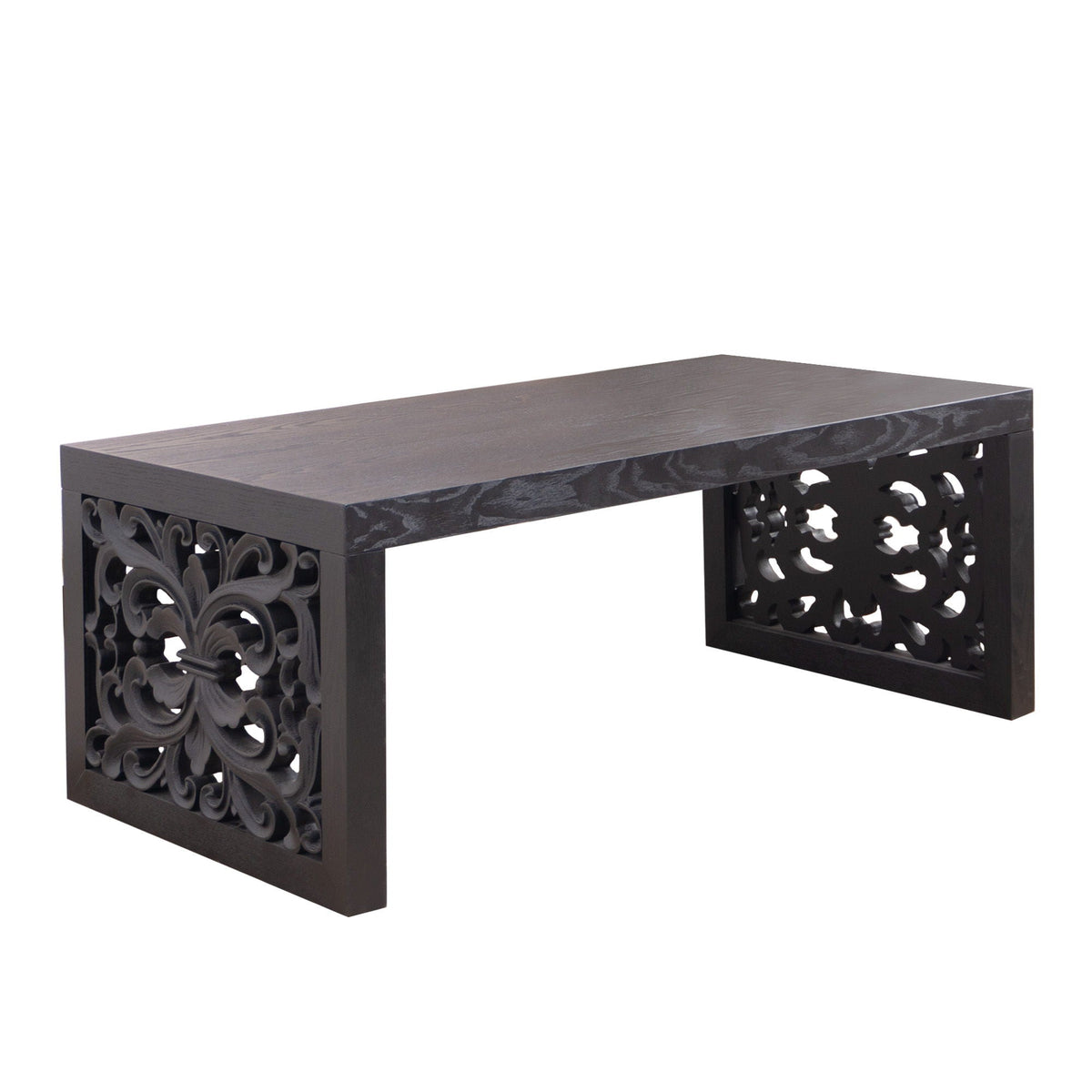 Rustic Carved Wood Coffee Table, Handcrafted Look With Ornate Side Panels