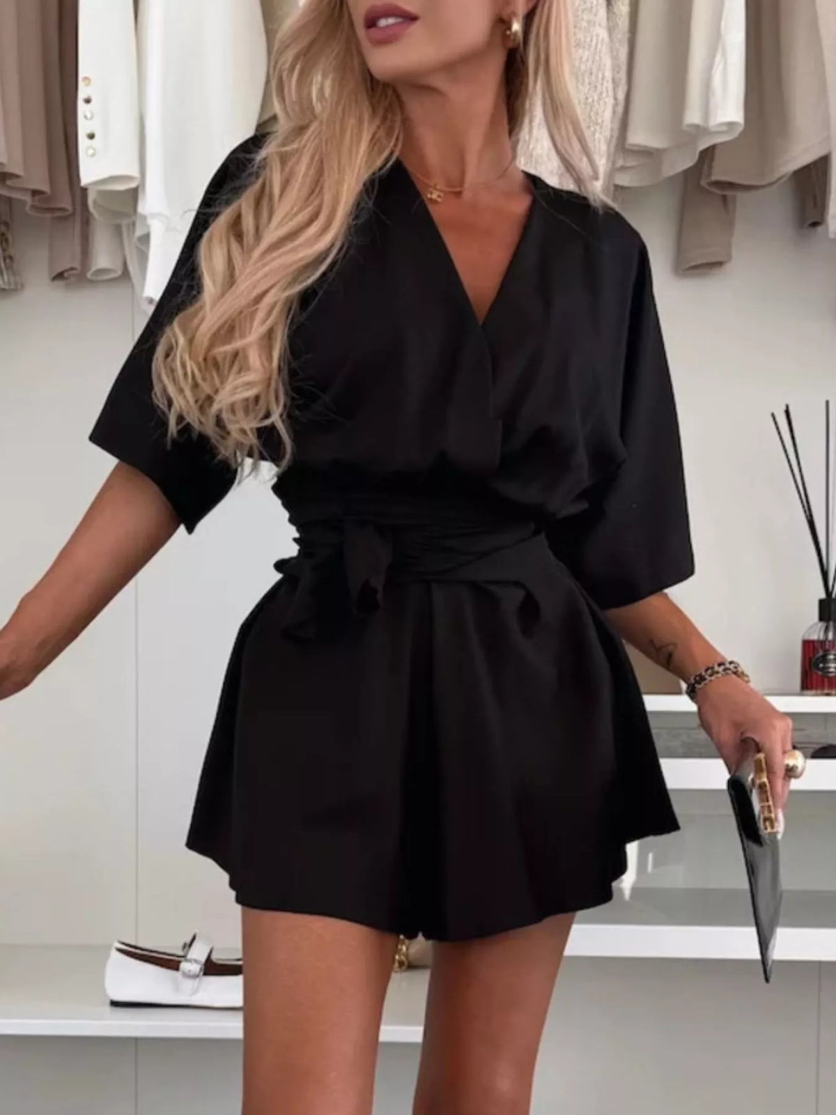 Full Size Surplice Tie Waist Romper Plus Size