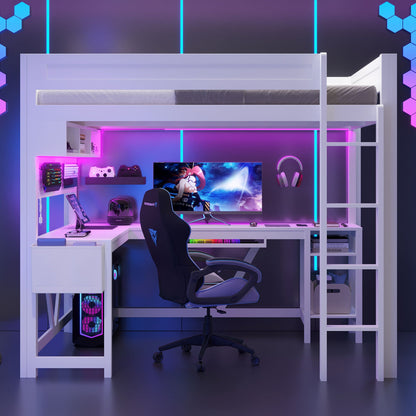 Gaming Loft Bed With Desk, Storage Shelves, LED And Charging Station