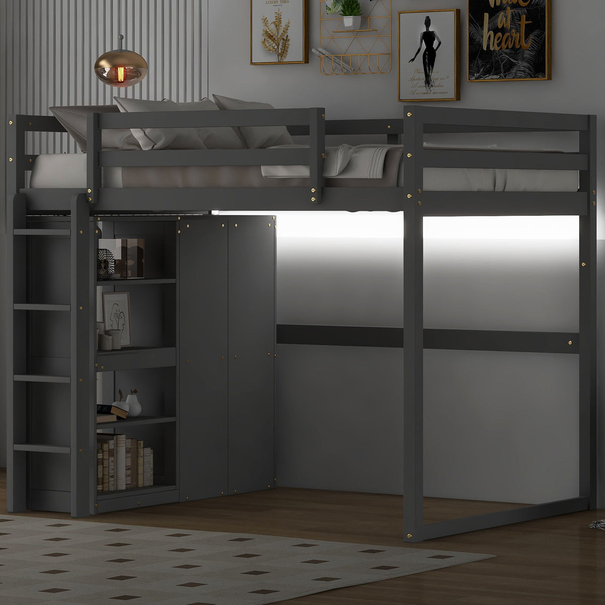 Loft Bed With Built In Wardrobe, Storage Shelves, And LED Light