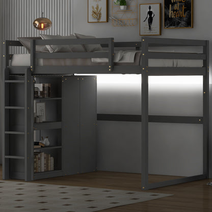 Loft Bed With Built In Wardrobe, Storage Shelves, And LED Light