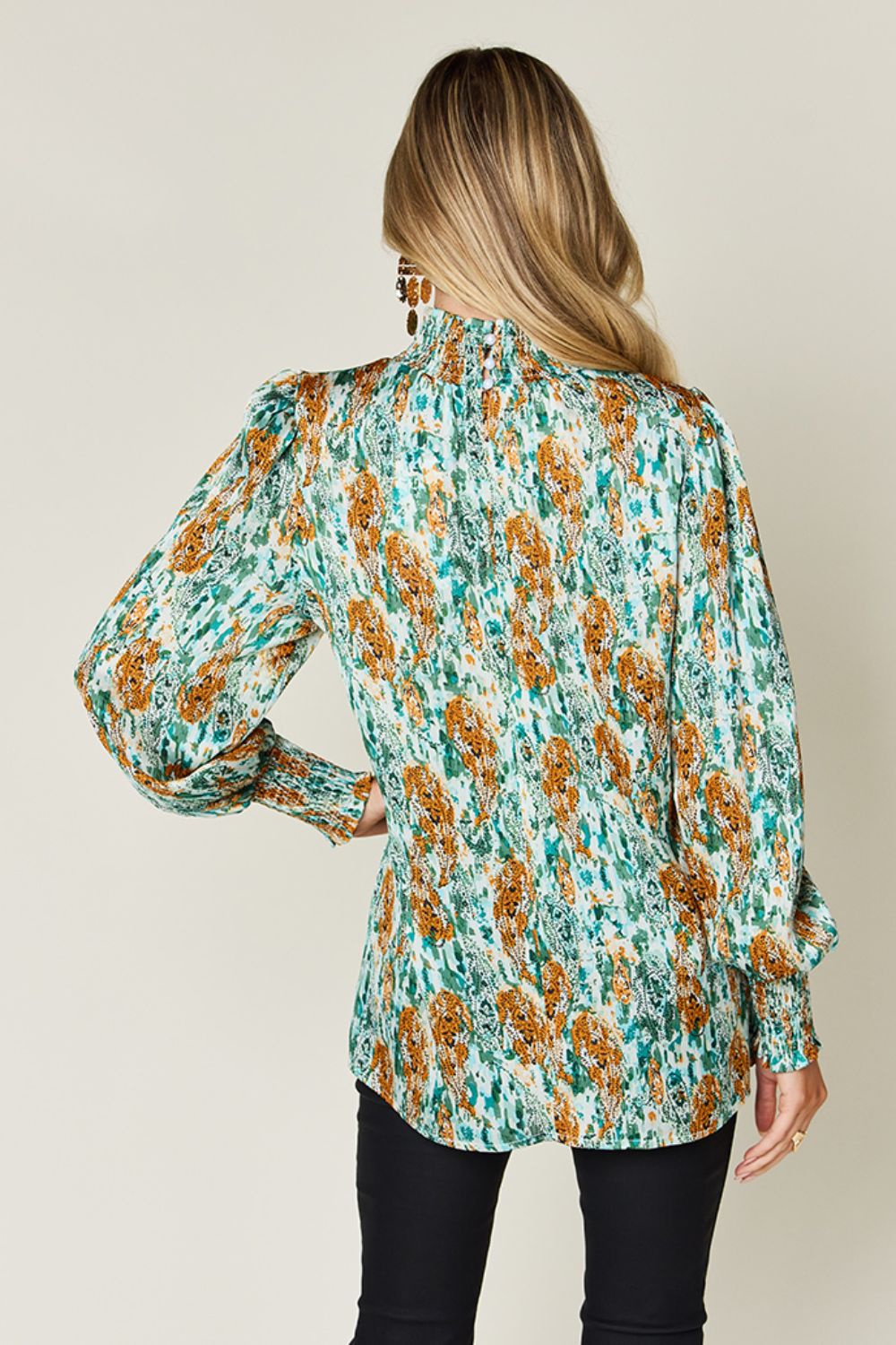 Semi-Sheer Smocked Top with Long Sleeves & Frills