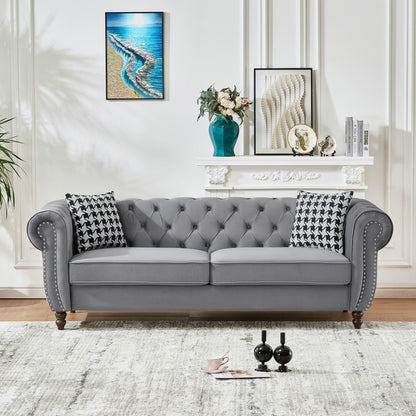 Chesterfield Upholstery Fabric Sofa With Roll Armrest & Nailhead