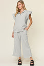 Textured Ruffle Top & Drawstring Wide Leg Pants Set