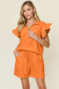 Textured Flounce Sleeve & Drawstring Shorts Set