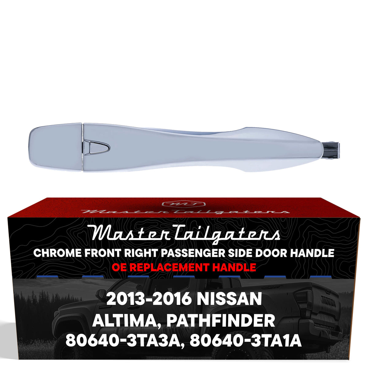 Exterior Door Handle Chrome Replacement for Nissan Altima (2013-2015), Pathfinder (2013-2016) OE Part # 80640-3TA3A, 80640-3TA1A | Front Right Passenger Side w/o Keyhole