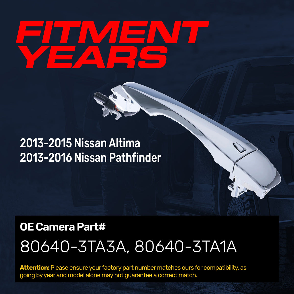 Exterior Door Handle Chrome Replacement for Nissan Altima (2013-2015), Pathfinder (2013-2016) OE Part # 80640-3TA3A, 80640-3TA1A | Front Right Passenger Side w/o Keyhole