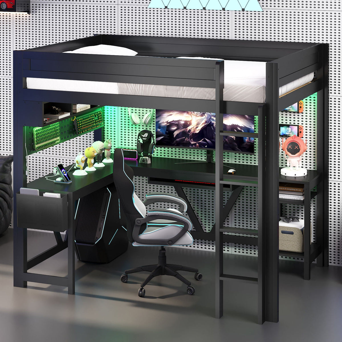 Gaming Loft Bed With Desk, Storage Shelves, LED And Charging Station