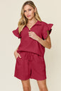 Textured Flounce Sleeve & Drawstring Shorts Set