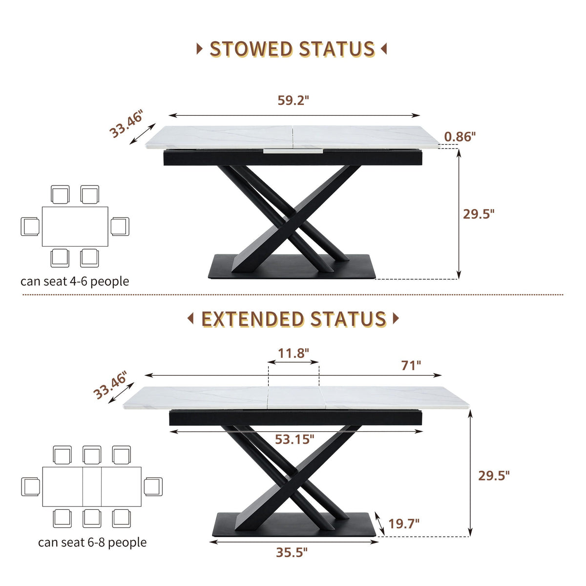 Dining Table With Geometric X Frame For Kitchen Or Dining Room - White Marble