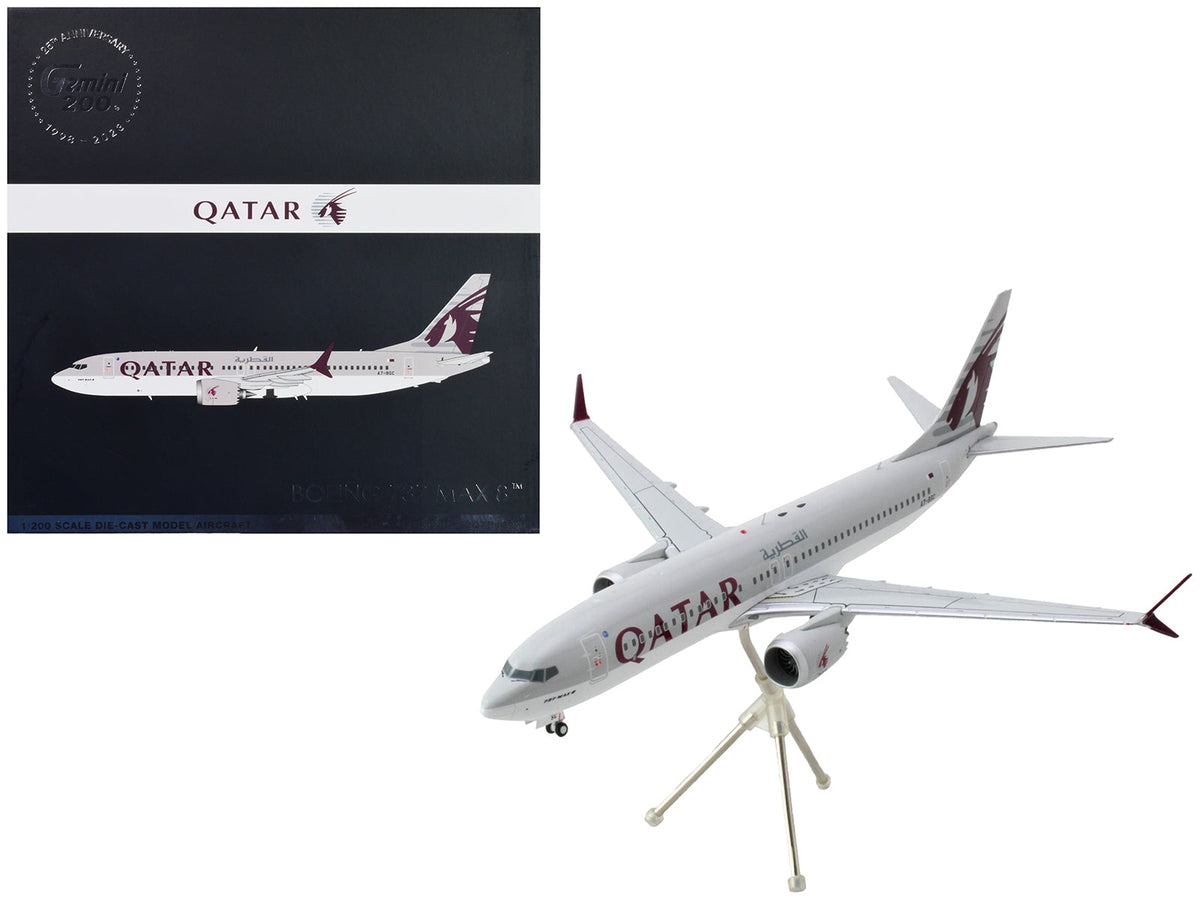 Boeing 737 MAX 8 Commercial Aircraft "Qatar Airways" Gray and White with Tail Graphics "Gemini 200" Series 1/200 Diecast Model Airplane by GeminiJets  free shipping USA
