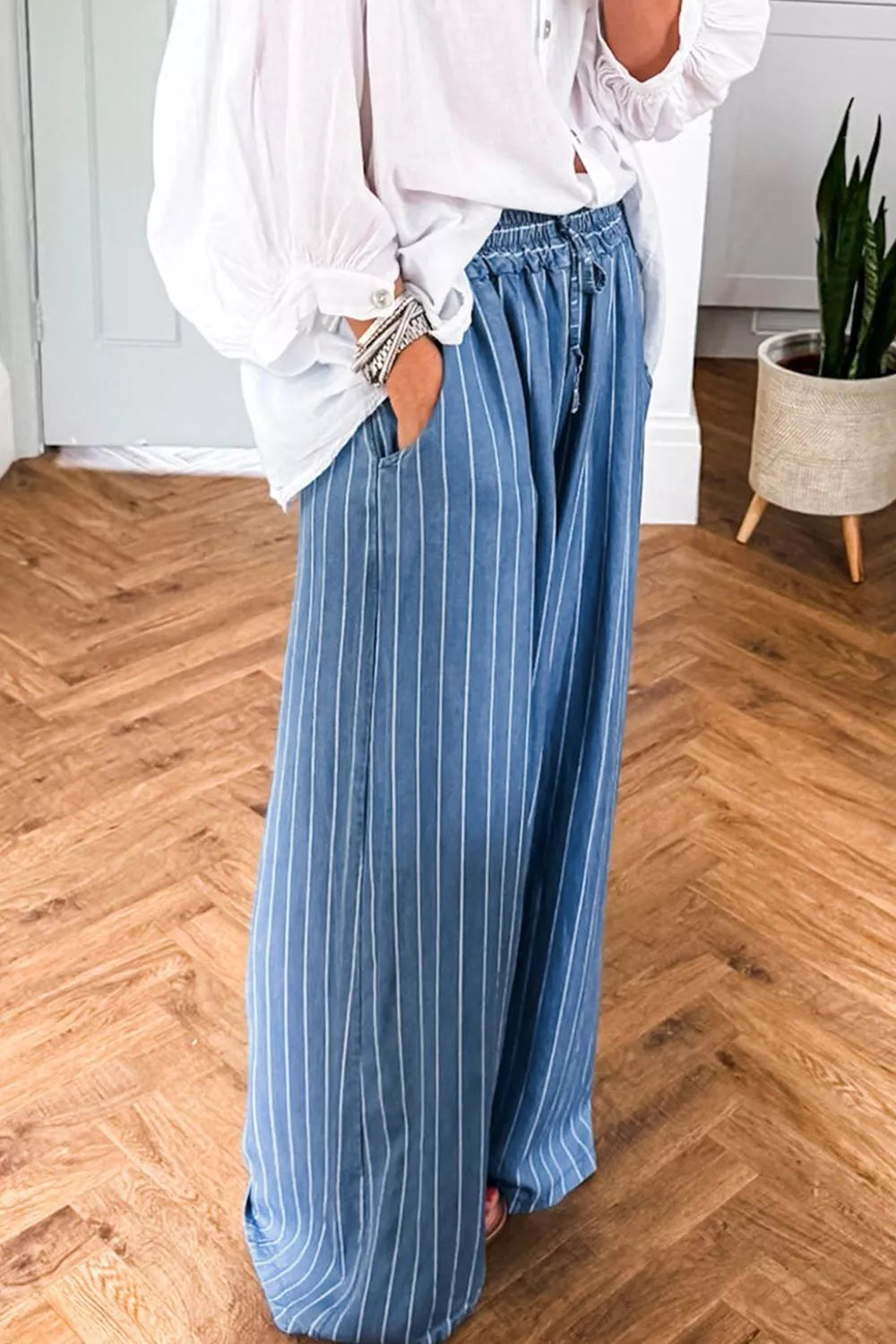 Stripe Chambray Wide Leg Tied Elastic Waist Jeans