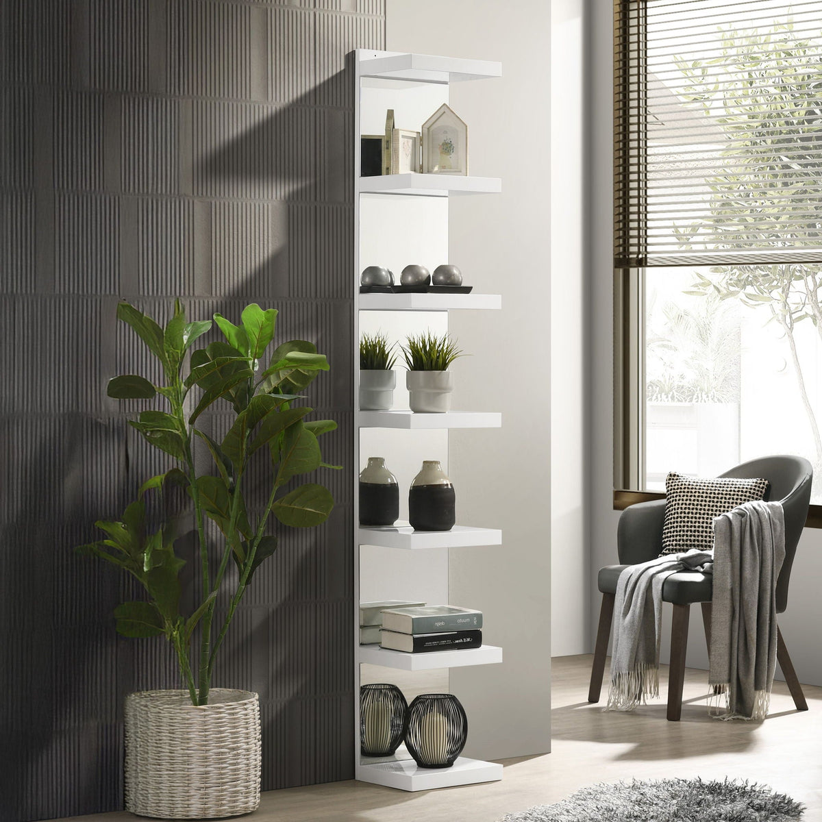 Glam Open Shelving Rack With Mirrored Back For Living Room - Cream / White